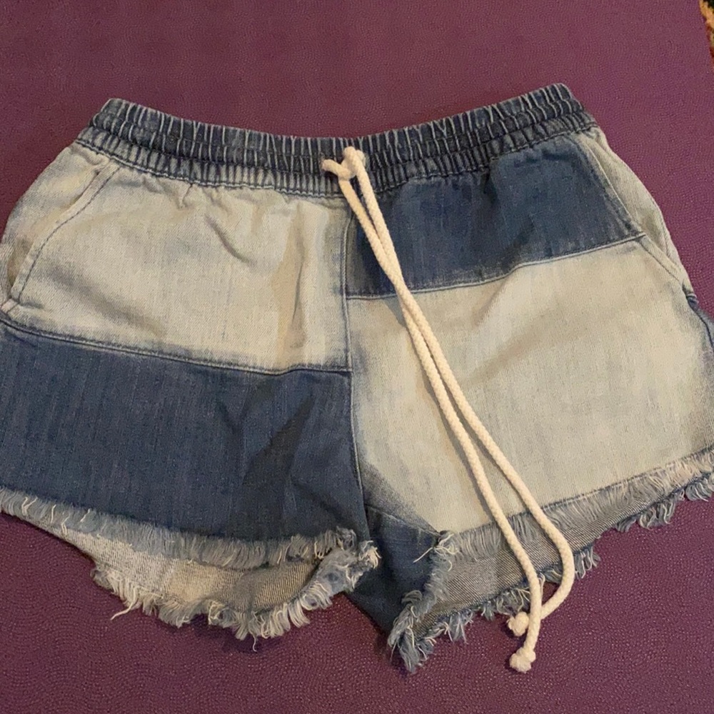 Color block denim shorts